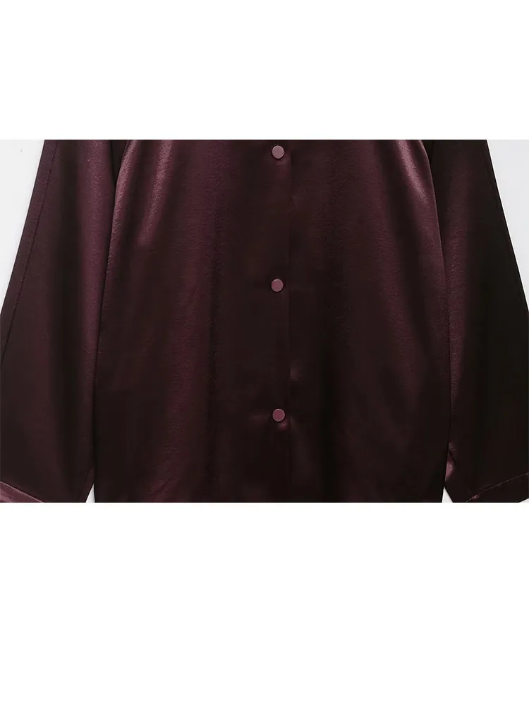 HH المرأة الخريف موضة خمر التلبيب واحدة الصدر قميص فضفاض سترة الإناث الحرير الساتان محكم معطف طويل الأكمام Mujer #6