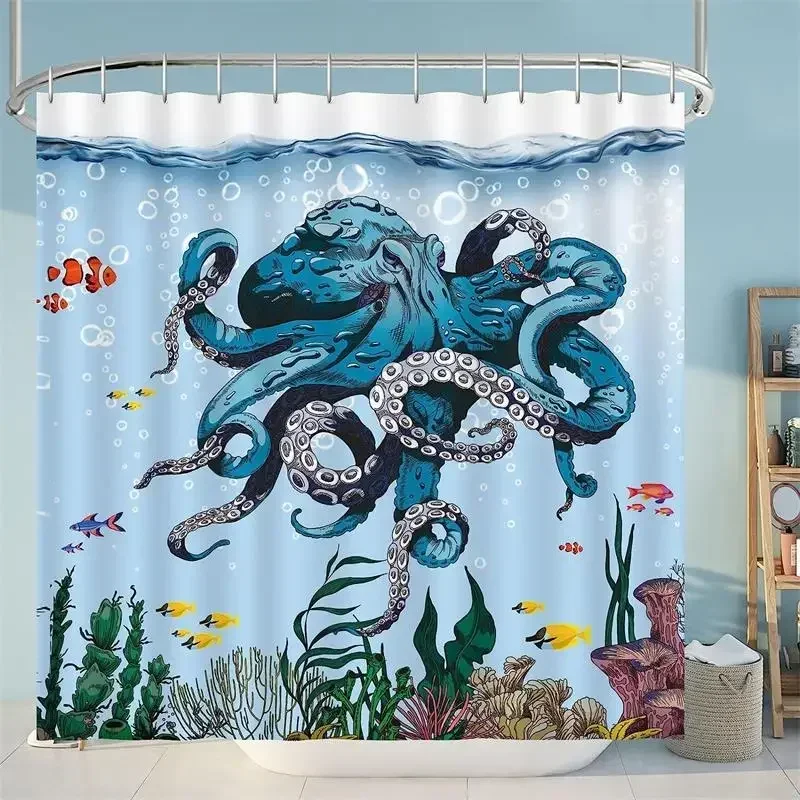 Sea Turtle Shower Curtains Teal Blue Ocean Animal Watercolour Plants Nautical Bath Curtain Waterproof Bathroom Decor with Hooks