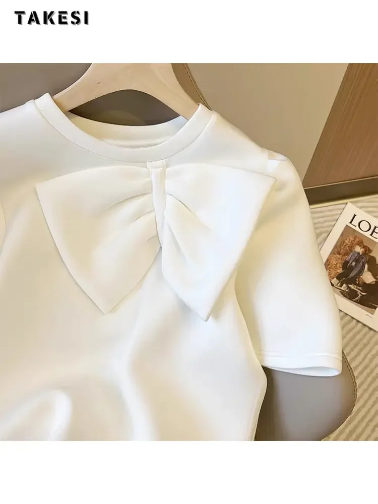 2024 Summer Office Lady Casual Style O-neck Puff Sleeve T-shirts For Women Fashion Solid Color Loose Bow Decoration Tees Top