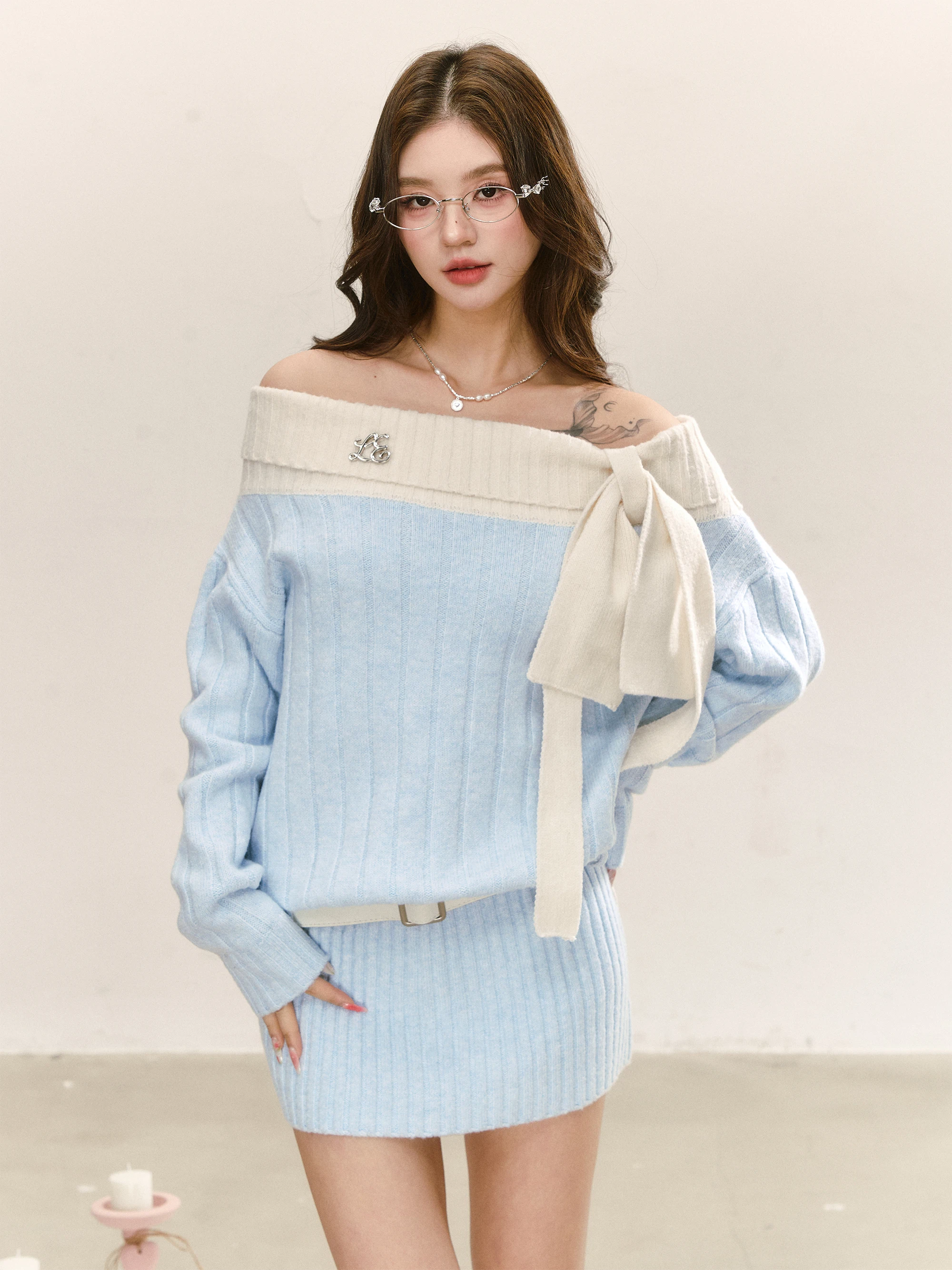

Lennea Spring 2026 Knitted One-oulder Dr Blue Belted Women's Dr Ele Sle Long Sve Slim Fit Daily Wear
