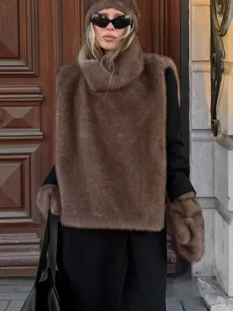 HH المرأة الدافئة عادية أكمام عالية الرقبة سترة الرجعية فو الفراء تأثير شال قصير الشتاء النساء موضة 3-اللون الصلبة شال #3