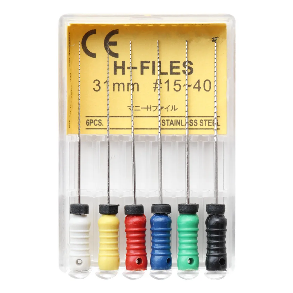 치과용 H-FILES 치내요법 근관 HEDSTROEM 파일, 수동 사용, 21mm, 25mm, 31mm SSt 엔도 파일, 치과 도구, 팩당 6 개