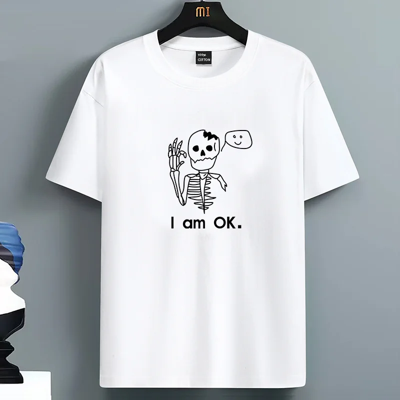Summer for Men's and Womens Cotton Casual Loose Plus Size I'm Ok Printed Sports Comfortable Round Neck Short Sleeved T-shirt