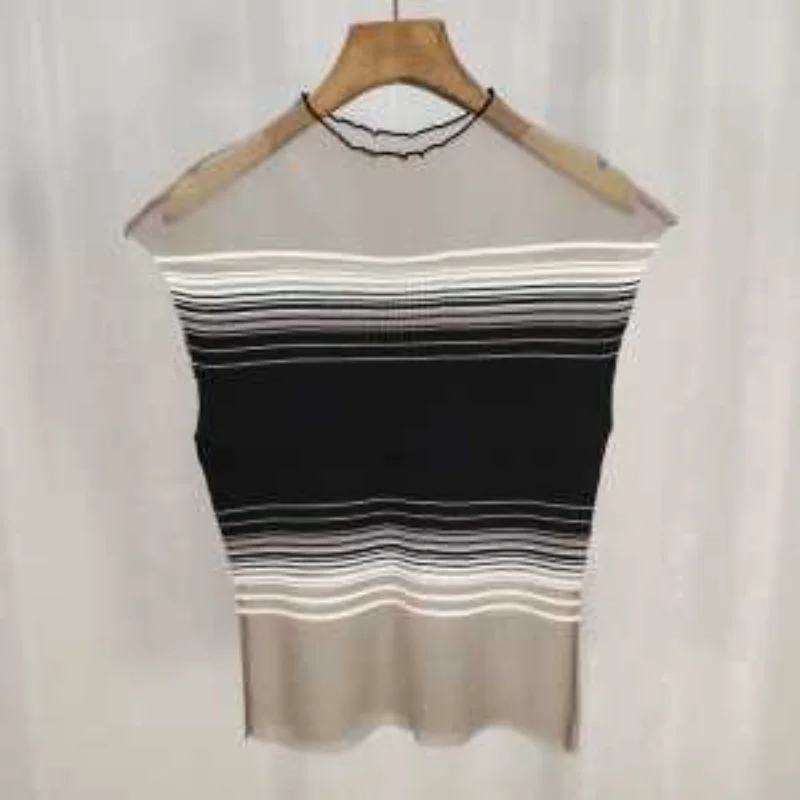 

Женская трикотажная блузка с полосками омбре, без рукавов, с воротником-стойкой, полупрозрачная, приталенная, повседневная