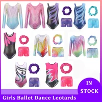 Leotardos de Ballet para baile para niñas, traje de gimnasia, mono con incrustaciones de diamantes de imitación dorados degradados a la moda con pantalones cortos y diadema