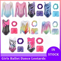 Girls Dance Ballet Leotards Gymnastics Suit Fashion Gradient Gilding Rhinestone Inlay Bodysuit With Shorts And Headbands Outfit