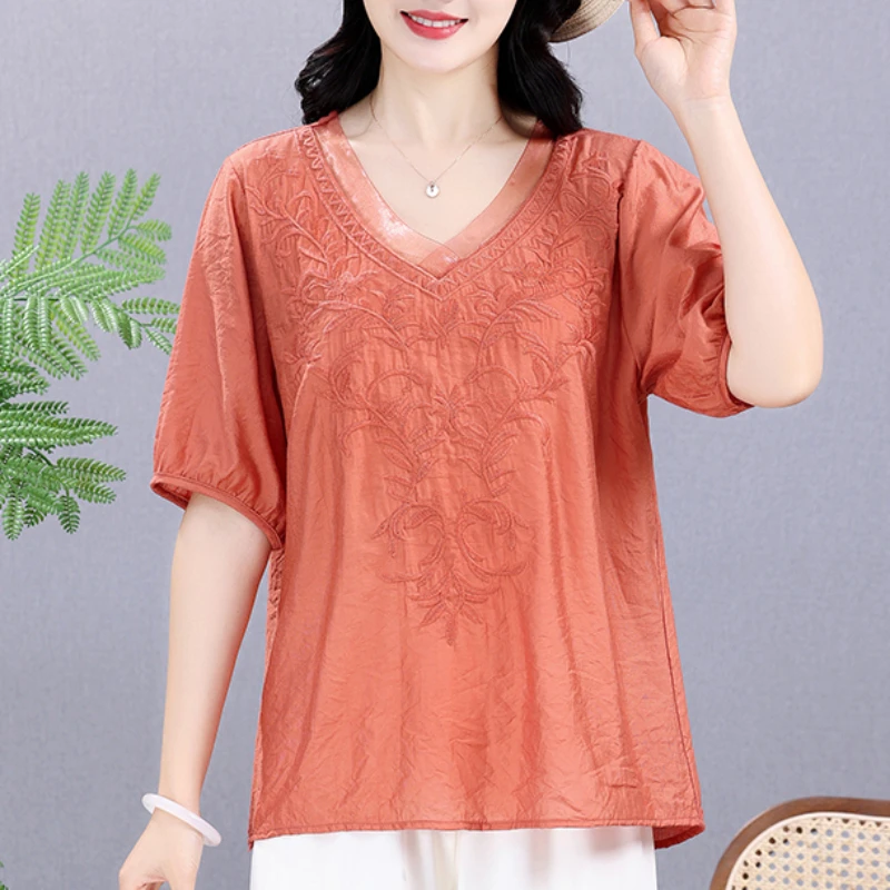 Summer Elastic Tee Shirt Solid Cotton Hemp Women's Clothing Short Sleeve V-Neck Plus Size Embroidery Retro Loose Versatile Tops