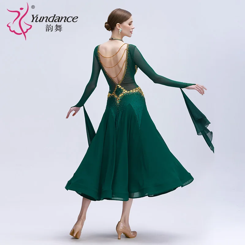 B-24227 Custom new rhinestone dress standard ballroom dance high quality green chiffon long ballroom dancing dress for sale