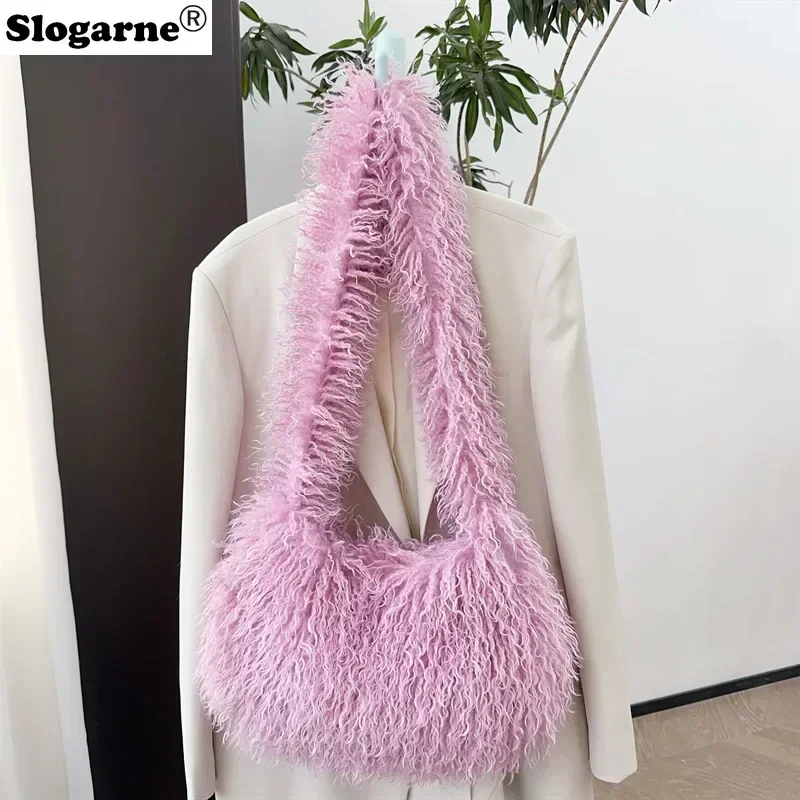 Women Y2K Fashion Long Fur Wool Bags Beach Faux Wool Fur Shoulder Bag Ladies Faux Furs Handbag Luxury Mongolian Crossbody Bags