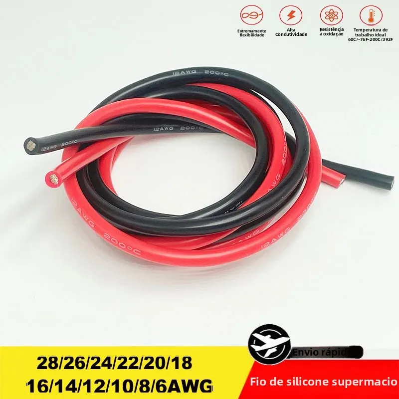 Cabo Elétrico de Bateria Automotiva Super Macio de Silicone Vermelho e Preto 28awg 26 24 22 20 18 16 14 12 10 8awg 6awg Resistente ao Calor