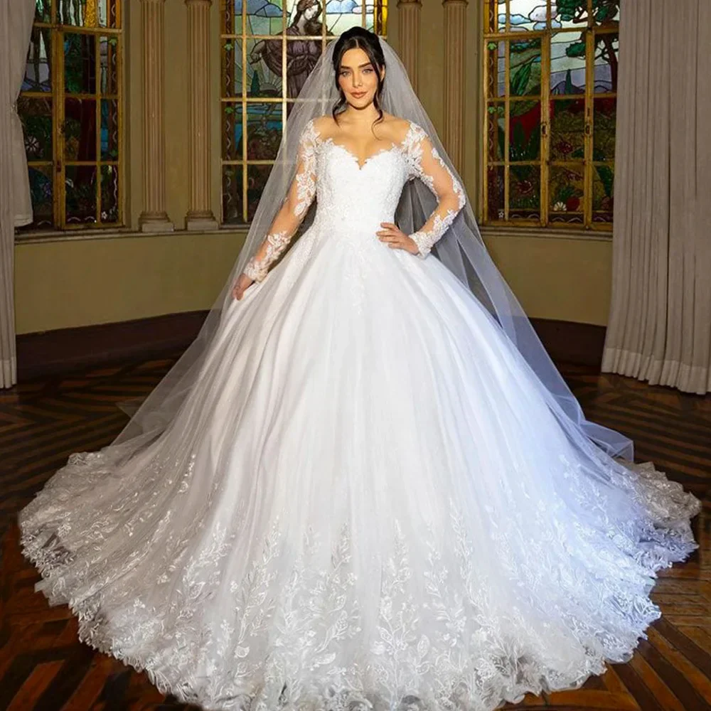 맞춤형 아랍풍 볼 가운 웨딩드레스, 시스루 스쿱넥 긴팔 아플리케 2025 브라이덜 드레스