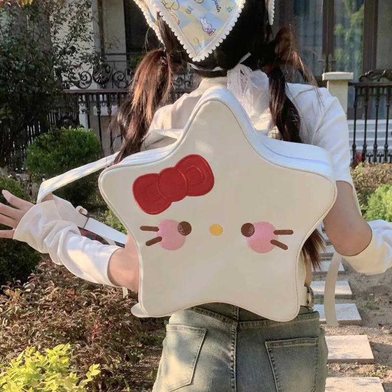 Sanrio Hello Kitty Cute Star Anime Small Aesthetic Backpack Girl Y2k PU Leather Kawaii Whtie Laptop Backpack Female School Bags