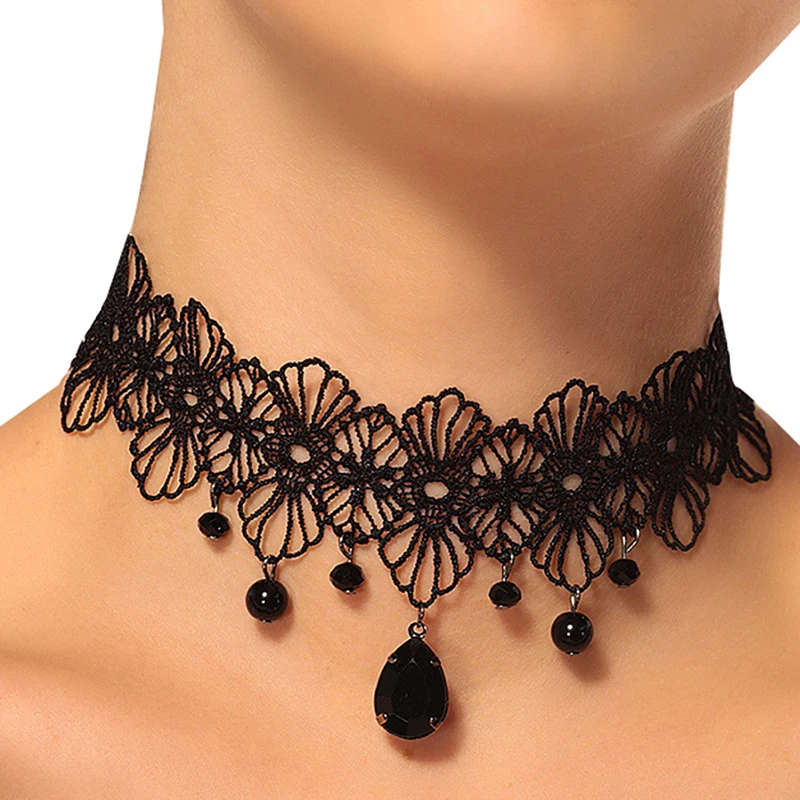 Vintage Gothic Lace Choker For Women Black Crystal Pendant Charm Choker Necklaces Lolita Bead Choker Jewelry