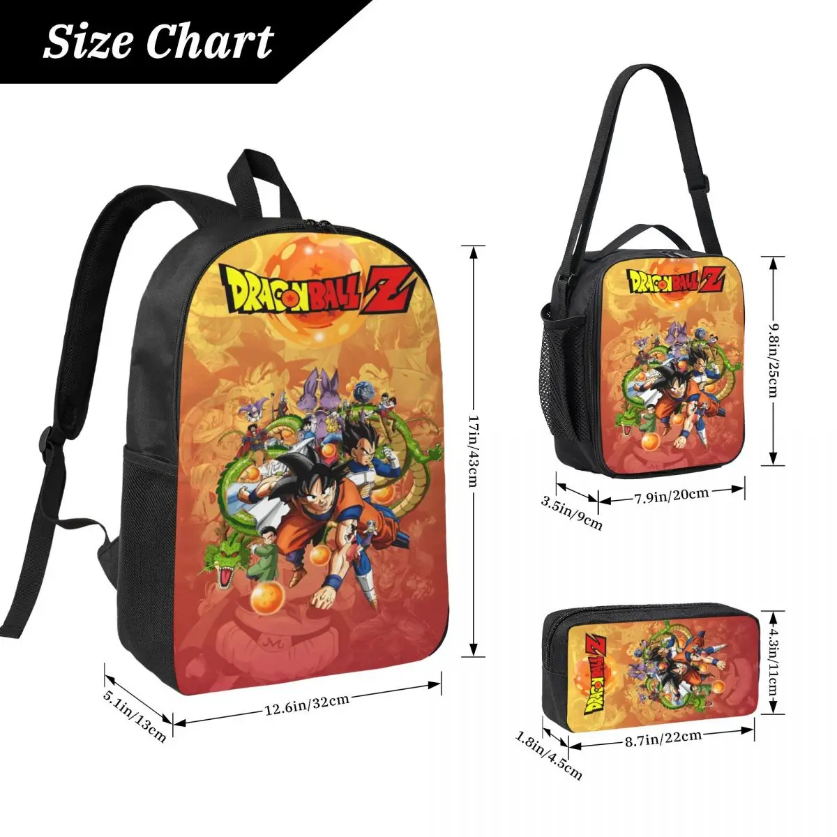 3Pcs DragonBallZ Prints Backpack Set for Kids Pencil Boxes Bookbag Sets with Lunch Box For School Students Knapsack