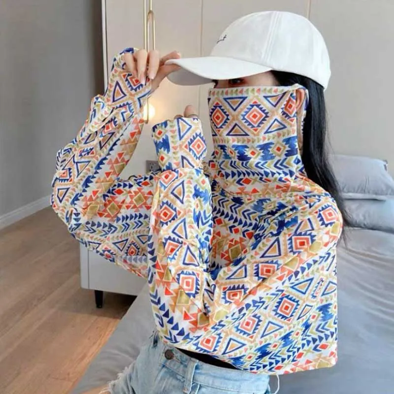 Summer Long Sleeved Cycling Mask Fashion Printed Sunscreen Shawl Driving Cape Face Covering Integrated Sun-protective Sleeve