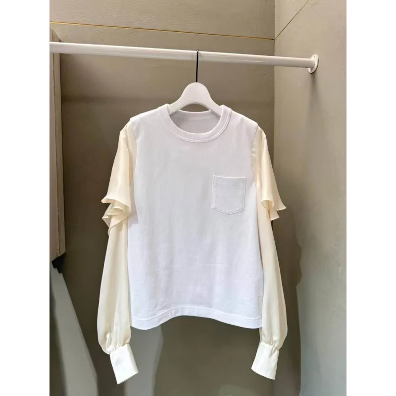 

FOG SACAI Japanese Style Spring Summer New Loose Fit Shoulder Bared Long Sleeve T Shirt Women's Casual Patchwork round Neck Top