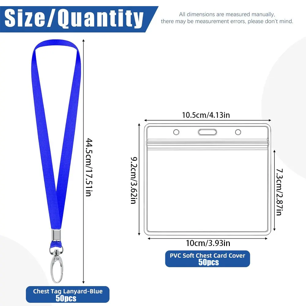 50-pack PVC ID card holders with blue lanyard, horizontal name tag ID card holders, waterproof zippered protective cases.