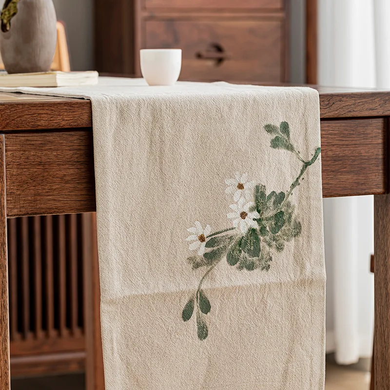 Chinese Zen-Inspired Hand-Painted Linen Cotton Tea Mat Vintage Rectangular Table Runners & Tablecloths for Living Room