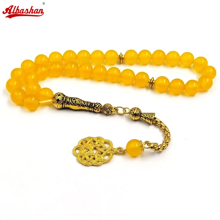 

Chalcedony Tasbih Natural yellow agate stone with gold accessories 33 prayer beads bracelet fashion ramadan eid gift