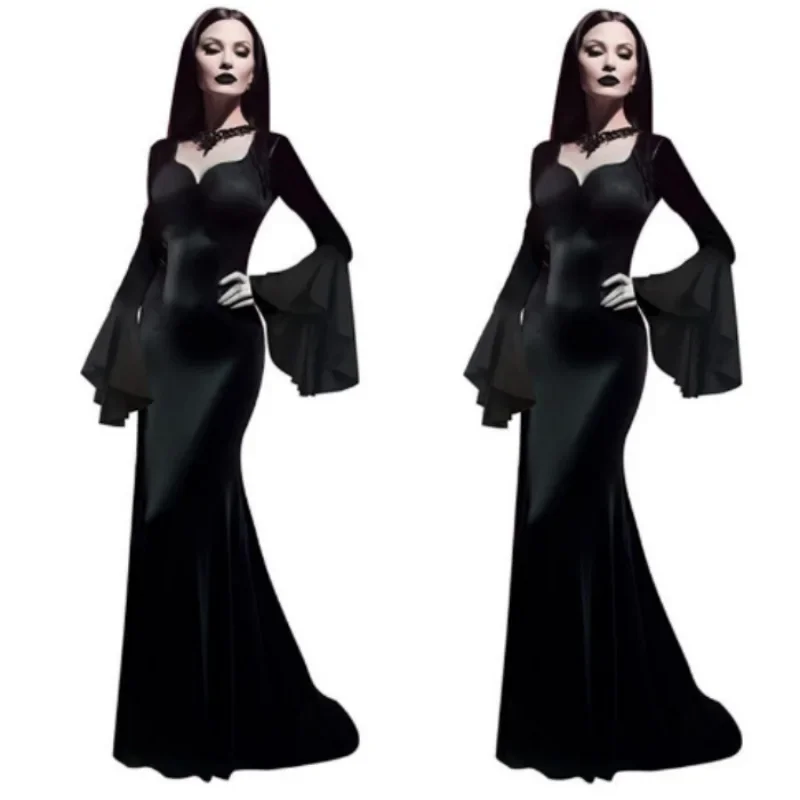 2025 New Halloween Morticia Adams Primate Black Adams Family Dress Retro Gothic Long Sleeve V-neck Luxury Casual Elegant Dresses