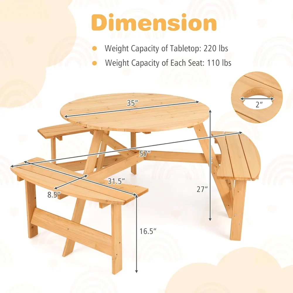 Tavolo da picnic per bambini per 6 persone, panca circolare per bambini in legno di abete con 3 sedili incorporati e foro per ombrellone, mobili per bambini all'aperto