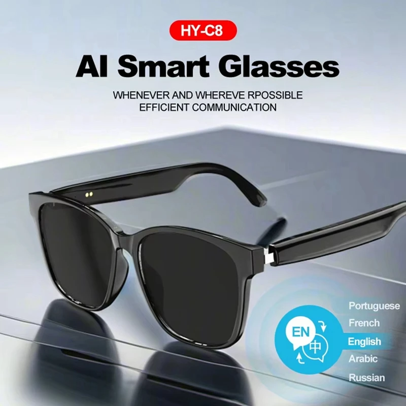 -C8 AI Smart Glasses Intelligent Real Time Language Translator Wireless Headphone AI Chat Smart Sunglasses Black-A56M