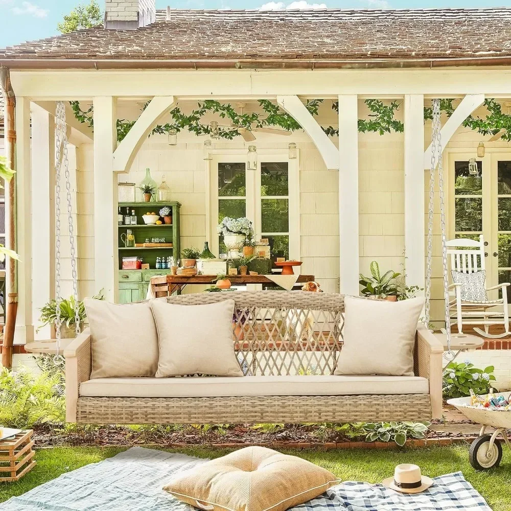 

For Patio Swing, 55in Wicker Hanging Swings Bench with Cushions Cupholders, Patio Swing