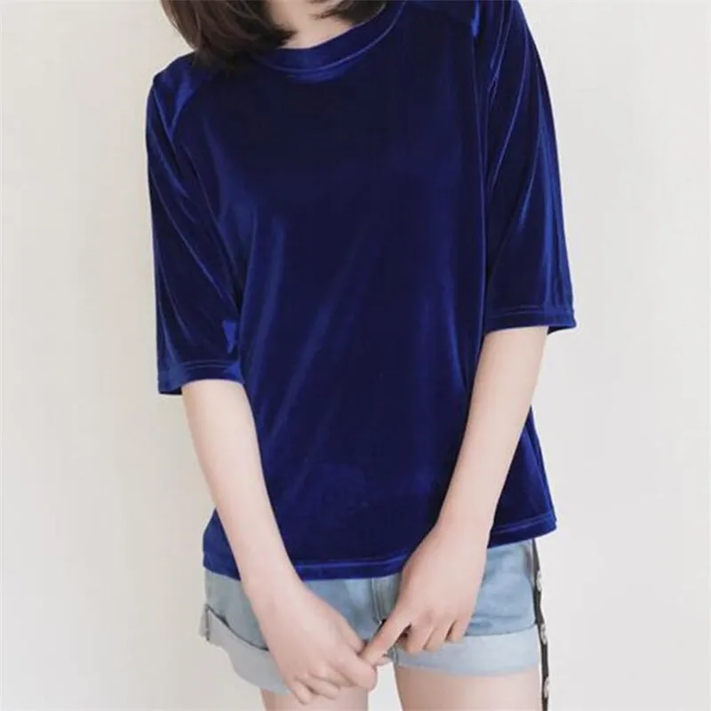2024 Spring and Autumn Fashion Slim Gold Velvet Shirts Half Sleeve 0-neck Thin Tops Summer casual Velours Woman Blouse