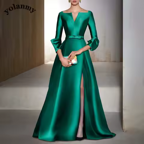 YOLANMY Emerald Green Satin Formal Dresses for Women 34 Sleeves A Line Elegant Evening Gown Long Side Split V Neck Evening Dress