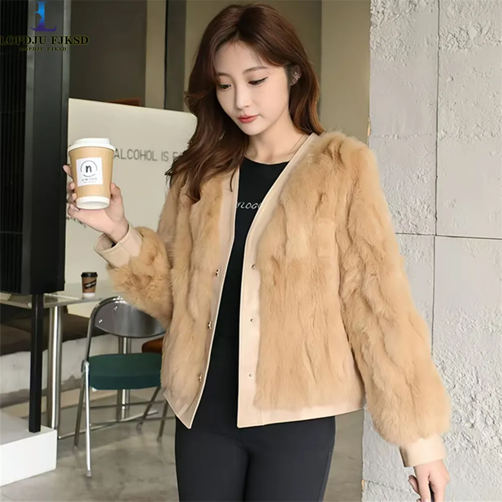 Real Rabbit Fur Coat for Women's,Single Breasted Jacket,Short Overcoat,Thicken Warm Clothes, High Quality, Winter,2024