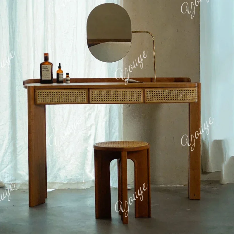 K-Simple Rattan Vanity Tables Woman Brown Adult Unique Makeup Desk Dressers Drawers Mirror Storage Penteadeira Furniture Home X