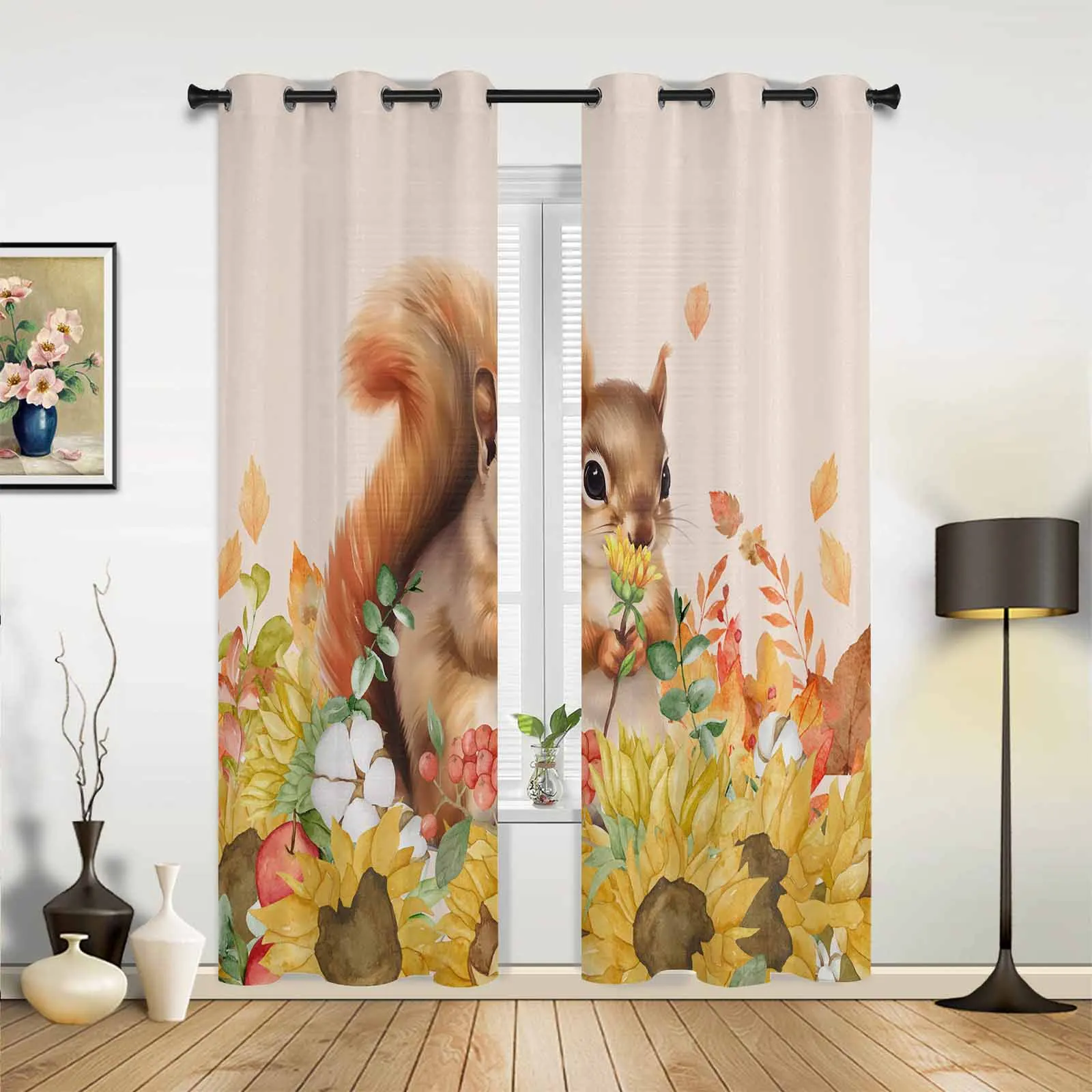 Autumn Watercolor Squirrel Sunflower Modern Window Curtains for Living Room Bedroom Curtain Kitchen Treatment Blinds Drapes