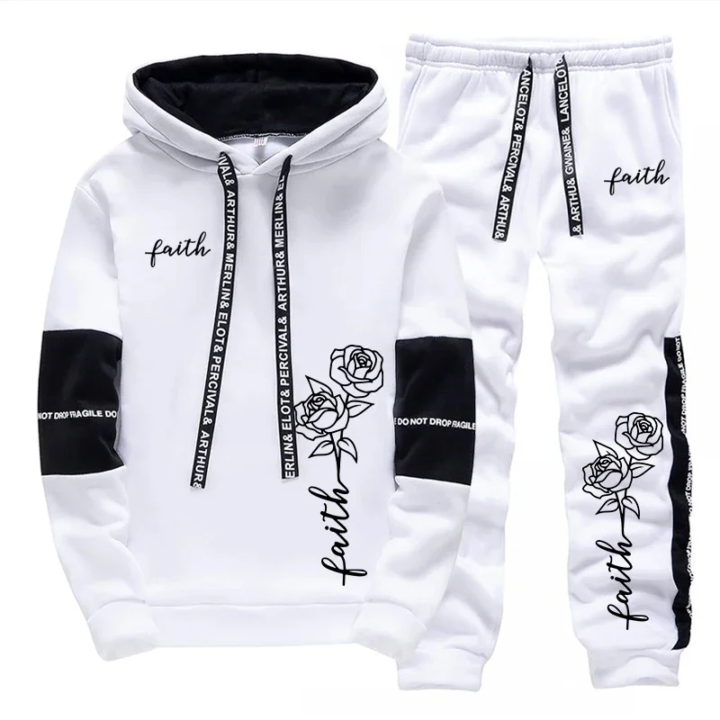 Men/women Daily Casual Sports Hooded Outfit Autumn Unisex Fashion Jogging Suit Faith Flower Print Hoodie and Sweatpants 2pcs Set view 3