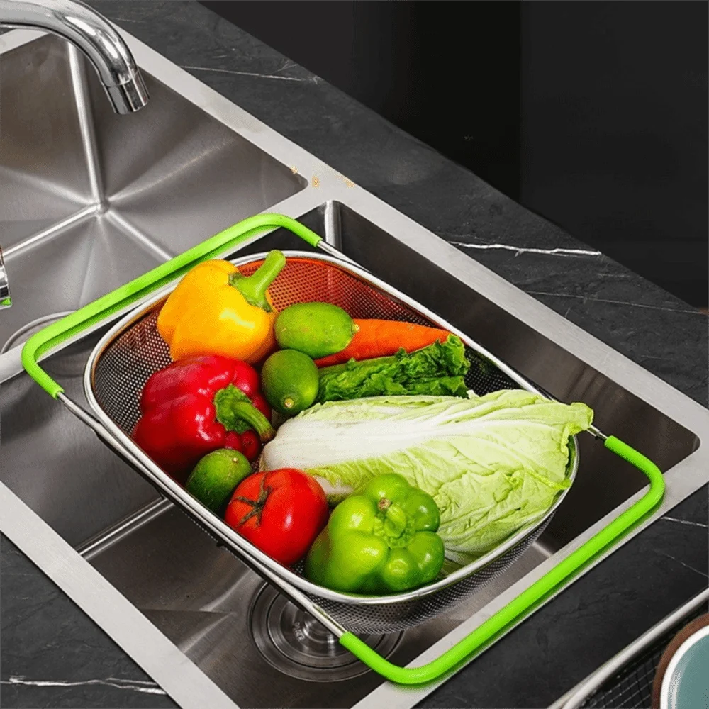 Scalable Sink Drain Basket Non-slip Handle Fine Mesh Strainer Basket Stainless Steel Rust-proof Vegetable Washing Basin view 5