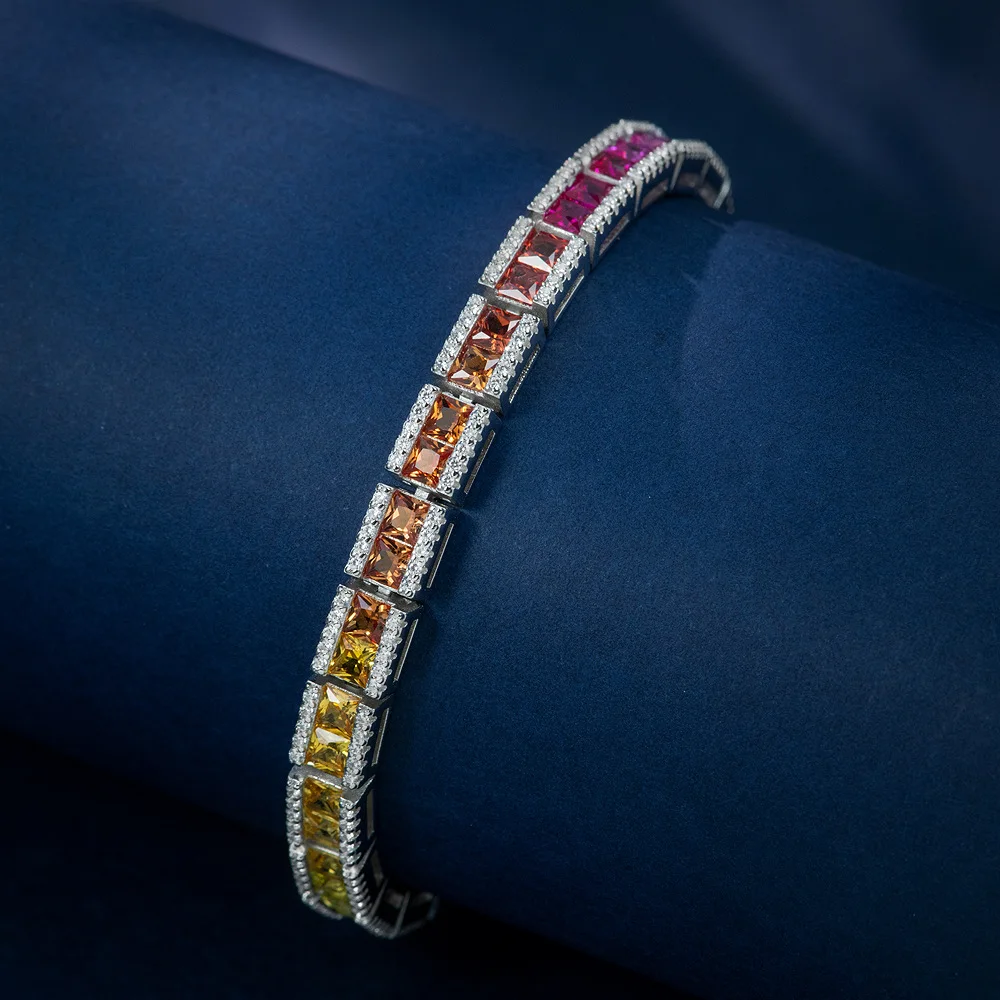 

S925 Silver Princess Square Colorful 3 * 3 Full Diamond Fashion Rainbow Gradient Bracelet Heavy Industry Women's Versatile