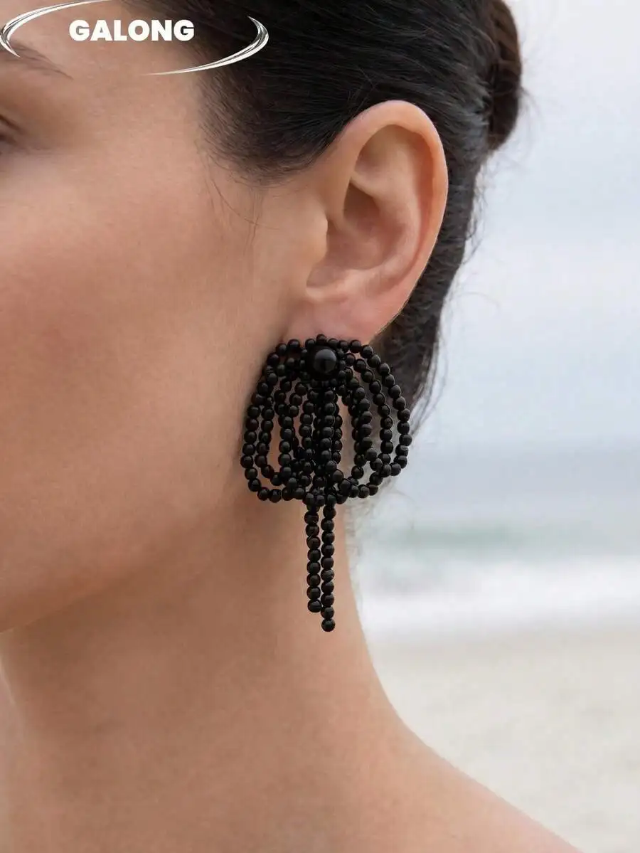 

Black Beaded Fan-Shaped Tassel Earrings Bohemian Moroccan Style Long Dangle Earrings