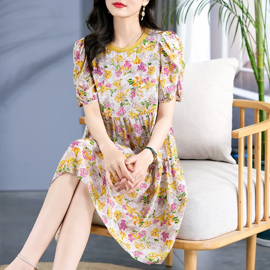 Birdtree 100%Mulberry Silk Yellow Printed Dresses Collar Wisteria Blossom Bubble Sleeve Versatile Dress 2023 Summer New D39126QC