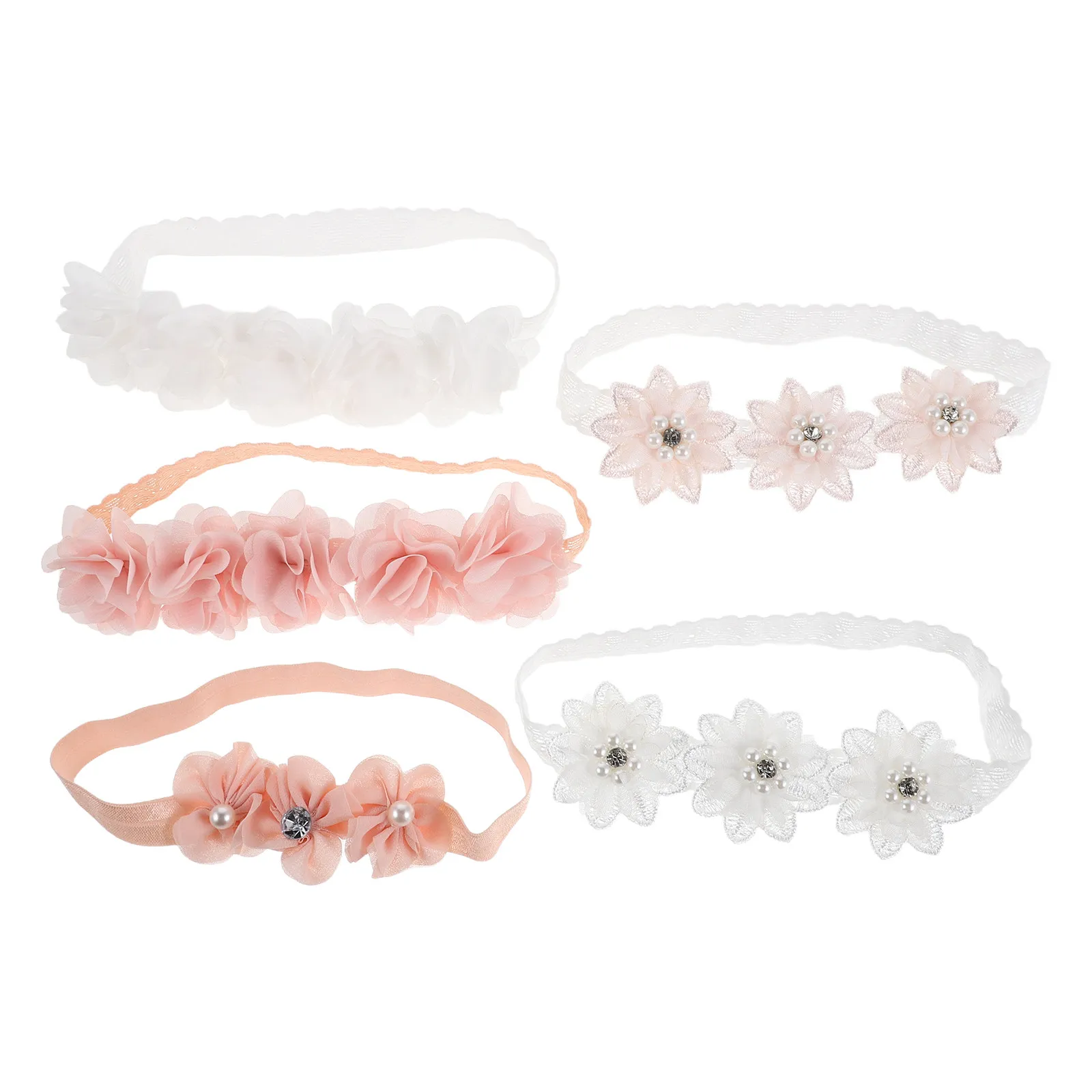 

5 шт. детских повязок для волос с цветочным узором, эластичные повязки с жемчужными цветами для новорожденных девочек, аксессуары для волос для вечеринок и повседневной носки