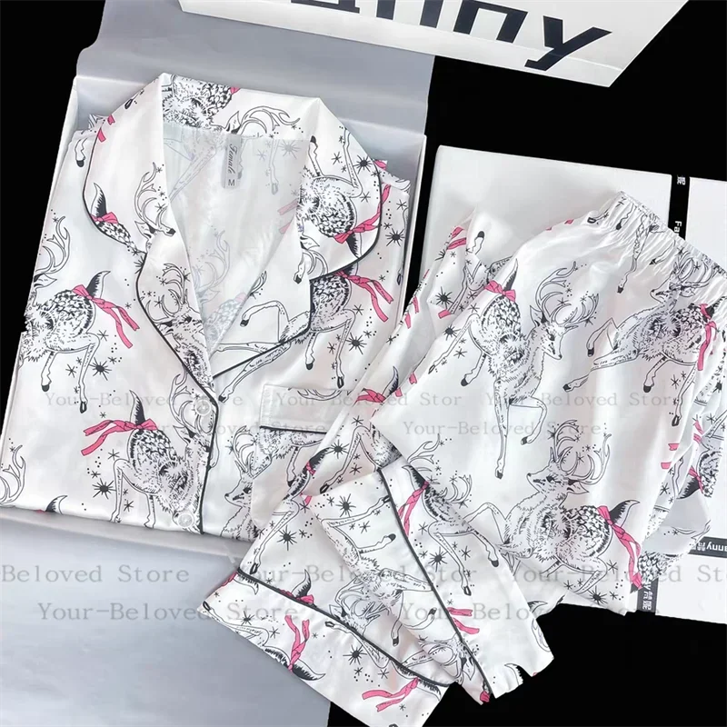 

Рубашка с коротким рукавом и брюки, 2 шт., пижамы, женские свободные атласные пижамы с принтом, дорогая домашняя одежда, осенне-весенняя новая одежда для сна, наряд