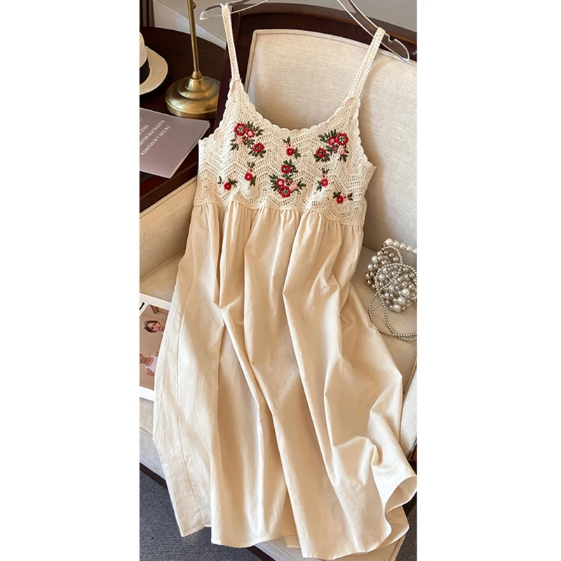 Bohemian Summer Midi Dress for Women Hollow Out Sleeveless Cami Spaghetti Strap Sweet Crochet Lace Holidy Dress AM7013