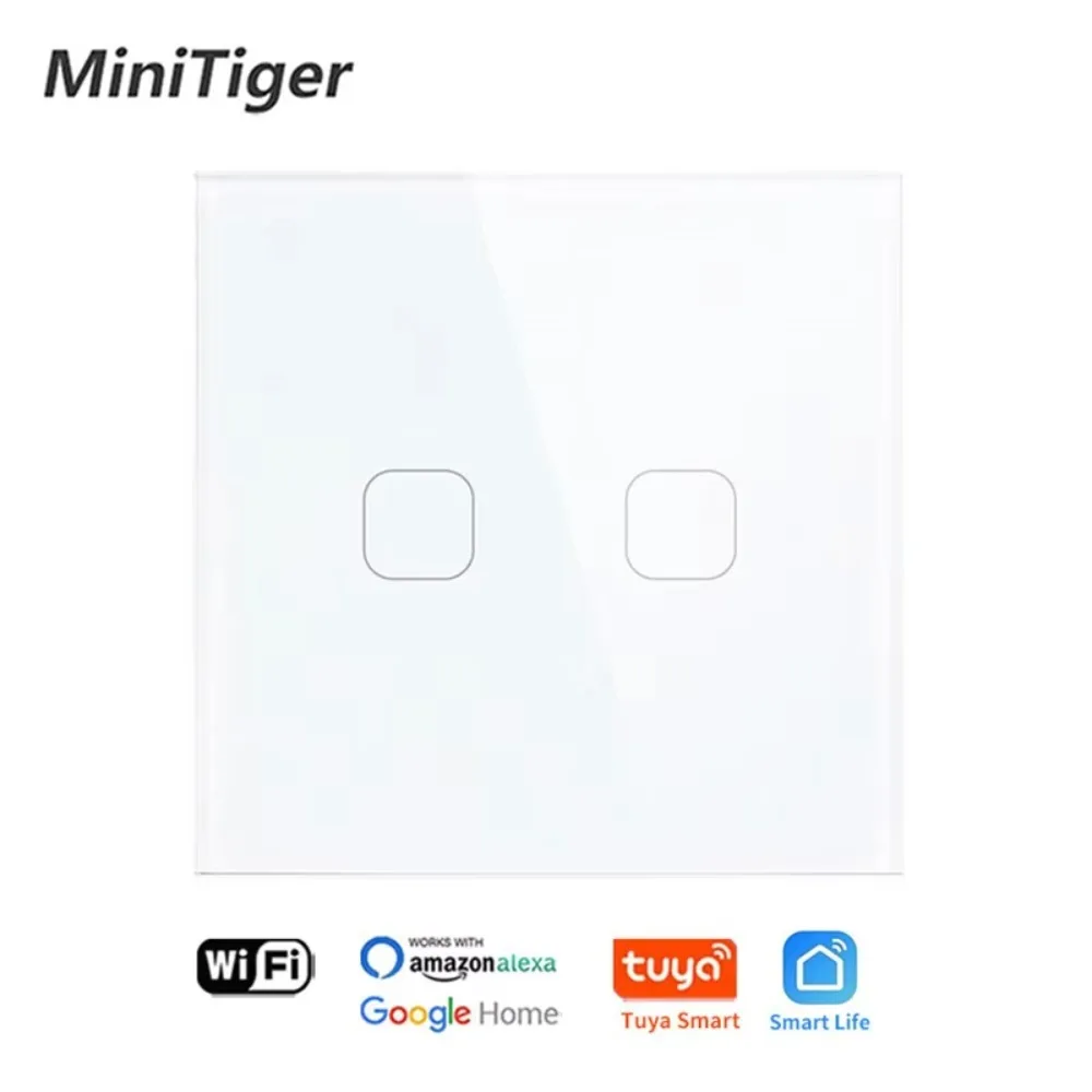 Minitiger Luxury 2 Gang Glass Panel Wifi Wall Touch Sensor Switch Smart Light Switch Control Compatible with Alexa Google Home