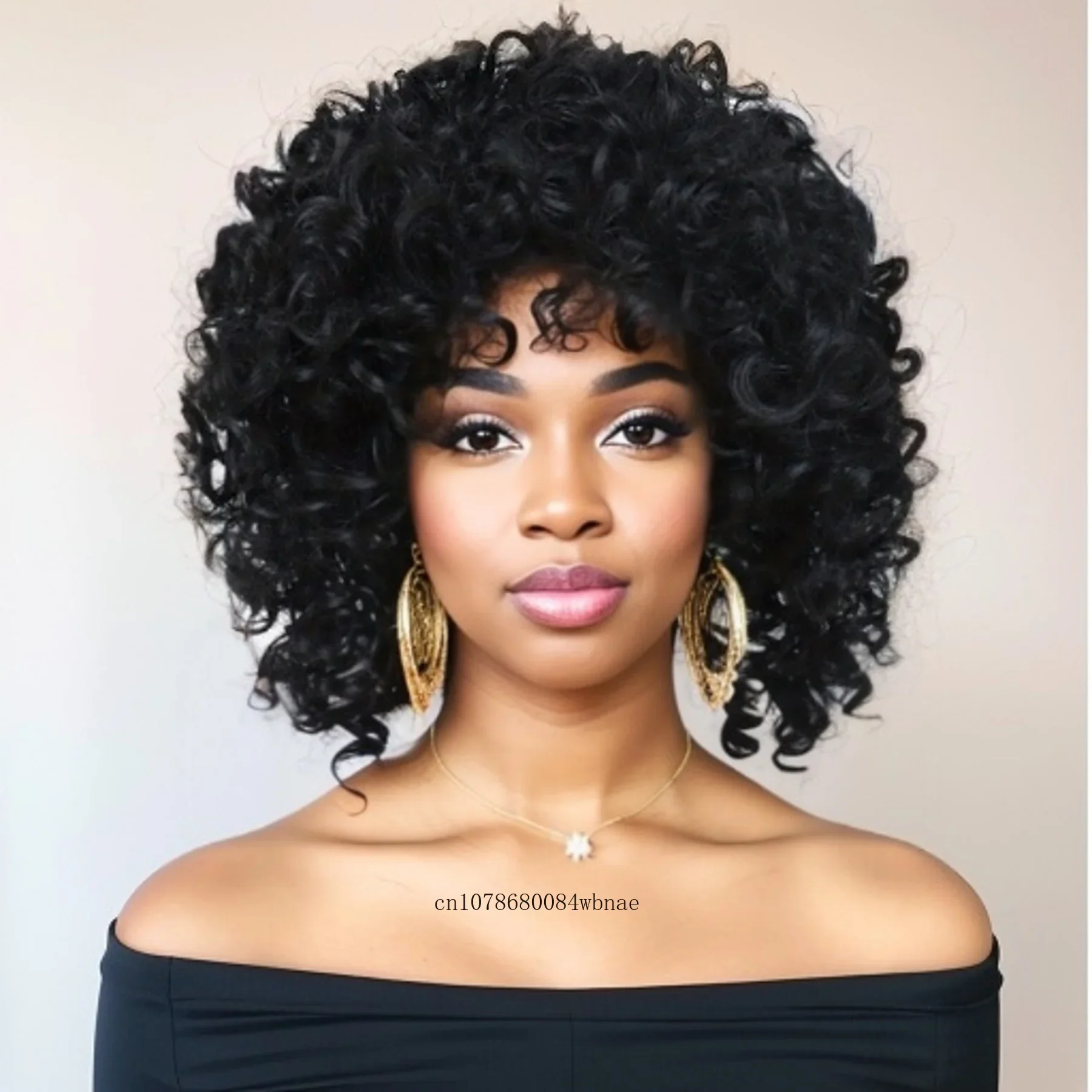 

Black Afro Curly Wig Synthetic Hair Short Bouncy African American Wigs with Bangs for Women Heat Resistant Daily Party Costume