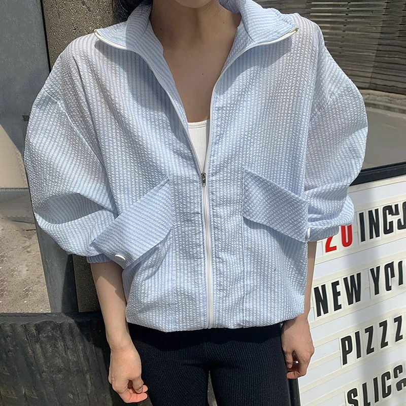 Roupas Casuais de Verão para Mulheres, Novo Casaco t Curto, Solto e Leve, Proteção Solar, Manga Longa com F de Zíper
