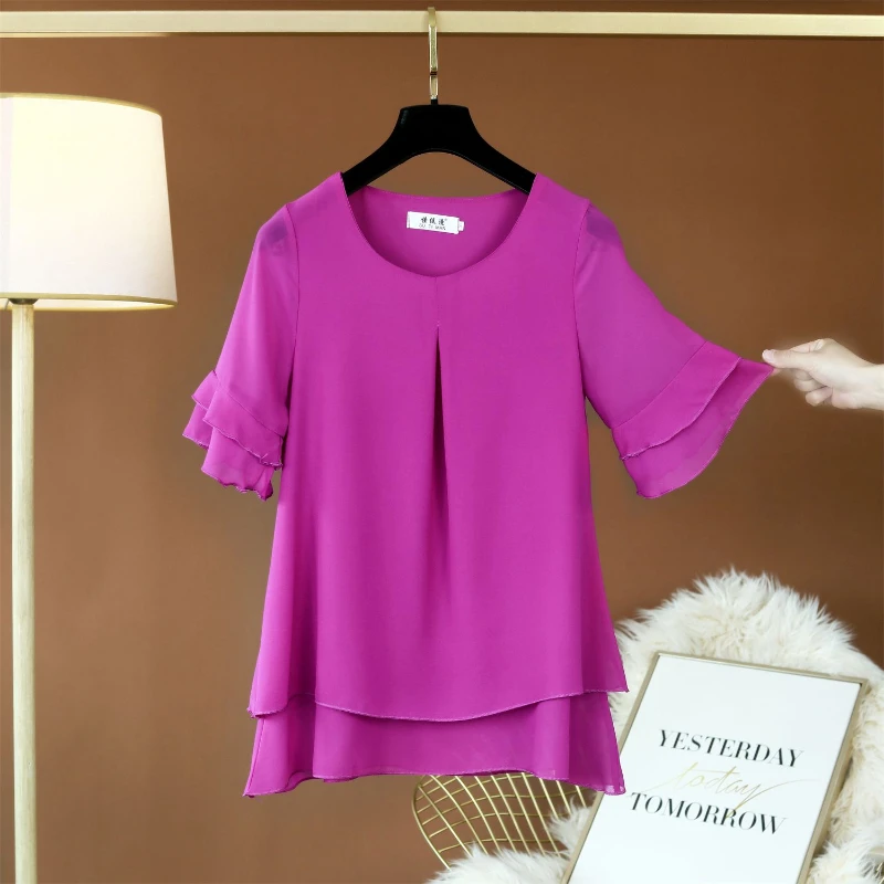 Banerdanni Women Blouses Summer Chiffon Blouse Solid Fashion Tops Butterfly Sleeve Casual O-neck Base Women Oversized Blouses