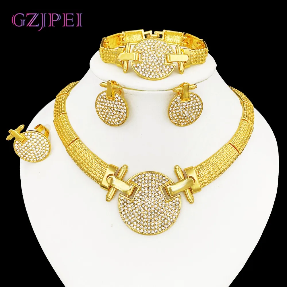 

GZJPEI 2025 NEW Jewelry Set Classic Big Round Pendant Necklace Wristband Bracelet White Zircon Piercing Earring Ring Wedding Gif