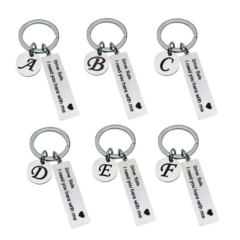 Stainless Steel Name Keychain Personalized Fashion Hot Round Letter Keychain I Need You Here with Me Keychain A-Z Key Chains