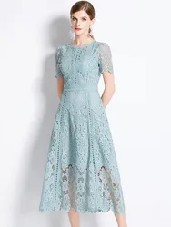 JAMERARY Vintage Holiday Lace Hollow Out Prom Dress For Women's Summer Slim Elegant Short Sleeve Long Dress Female Clothing