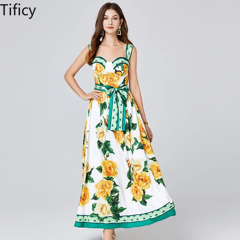 

TIFICY Summer Yellow Rose Flower Dress Bohemian Print Spaghetti Strap Cup Padded Belted Lace Up Backless Vacation Long Dresses