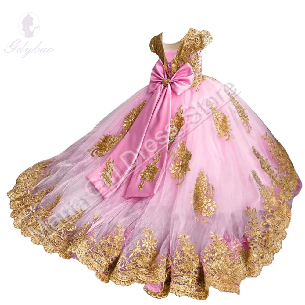 Kids Gold Applique Evening Gown Fluffy Short Sleeve Flower Girl Dresses For Wedding Beauty Pageant Formal Occasions Birthday