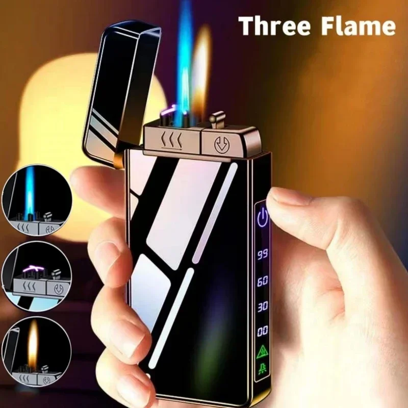 

New Metal Gas Electric Dual-purpose Lighter Windproof Three-fire Cigar Igniter With LED Flashlight Type-C Charging Power Display